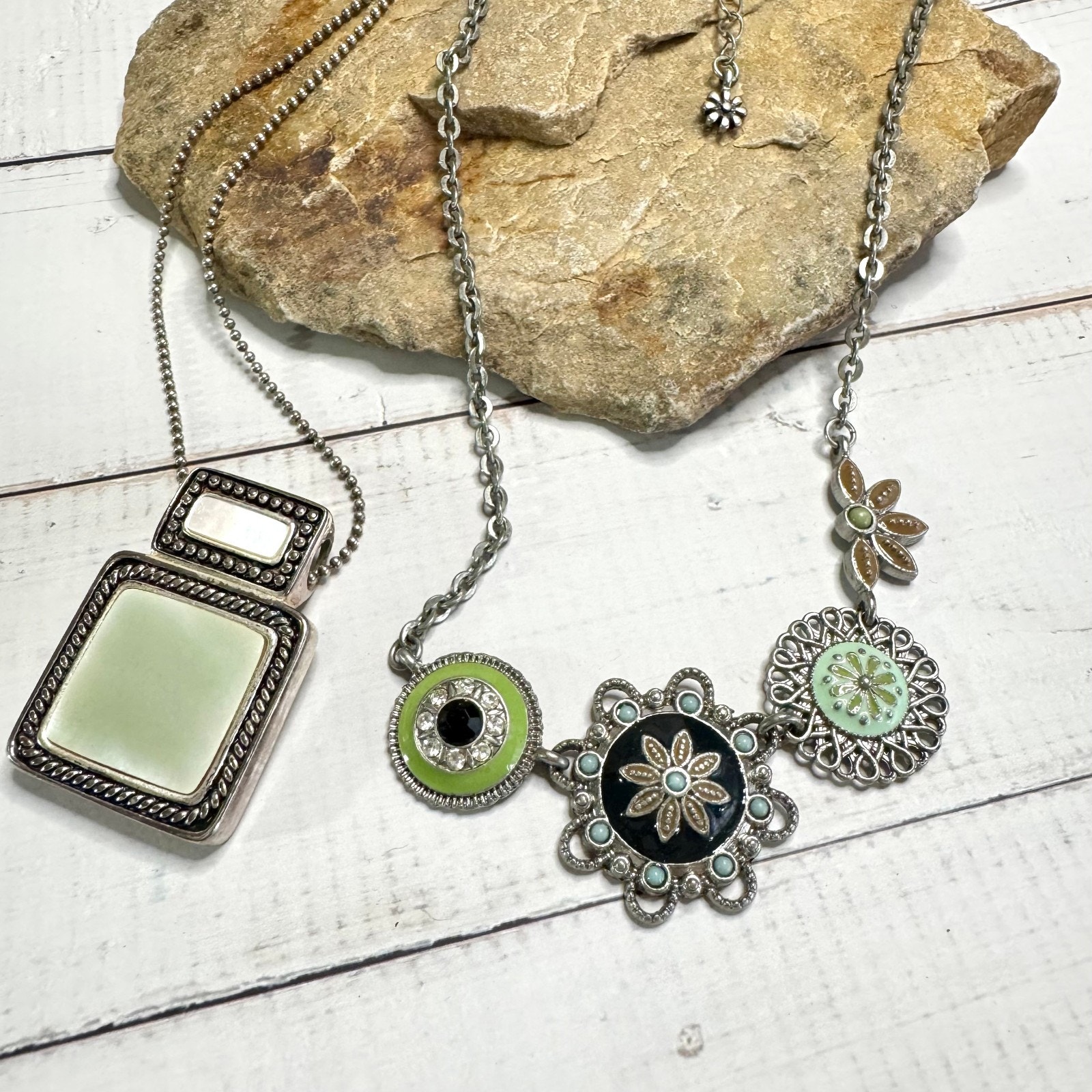 2 Lia Sophia Necklaces Flower Botanica Rhinestone Enamel Mop Silver Tone Retired
